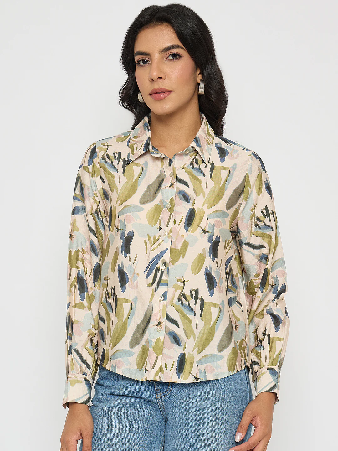 Madame Abstract Print Olive Green Rayon Blend Shirt - Image 3