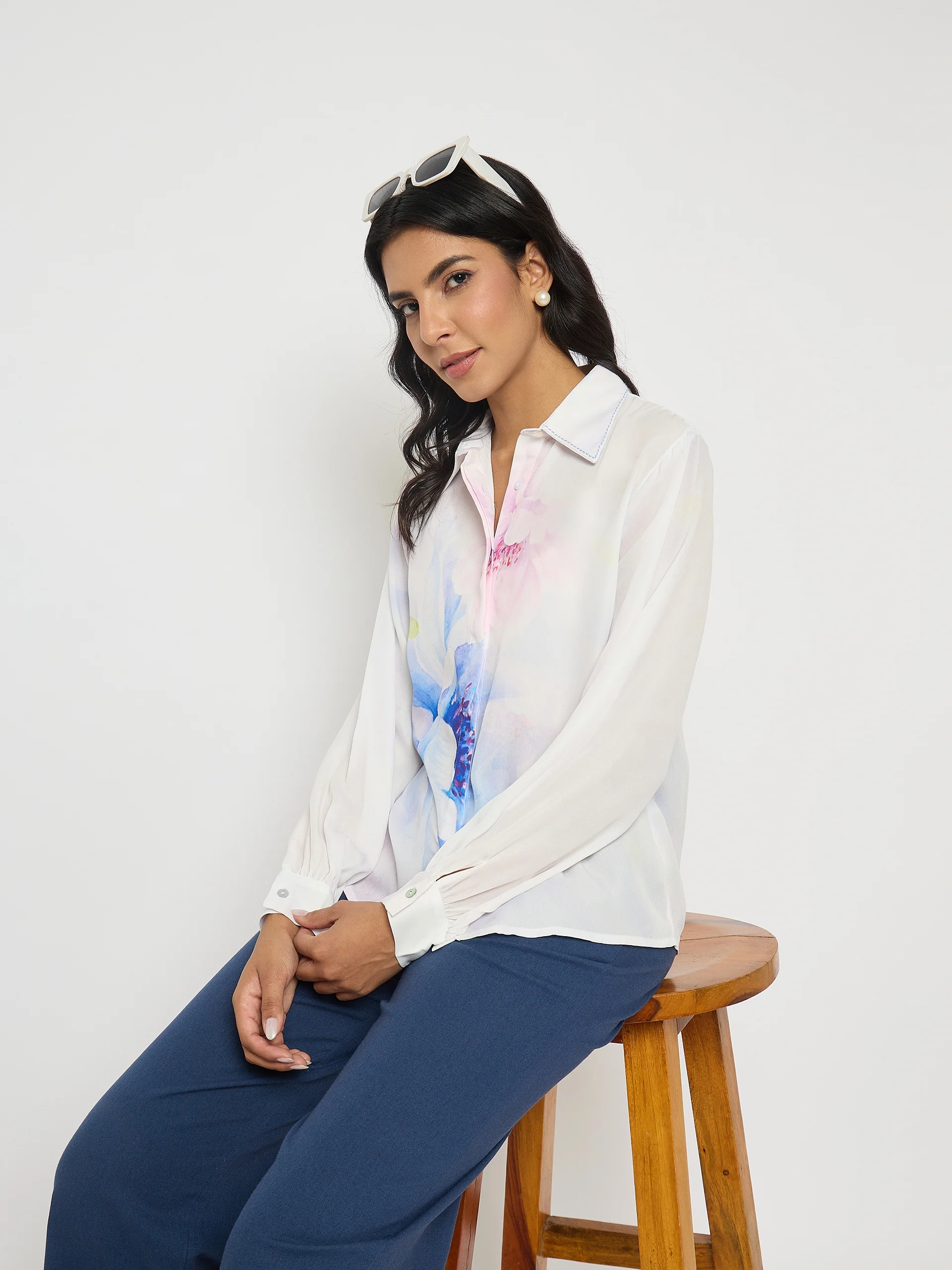 Madame Floral Print Contrast Stiched Collar Off White Shirt