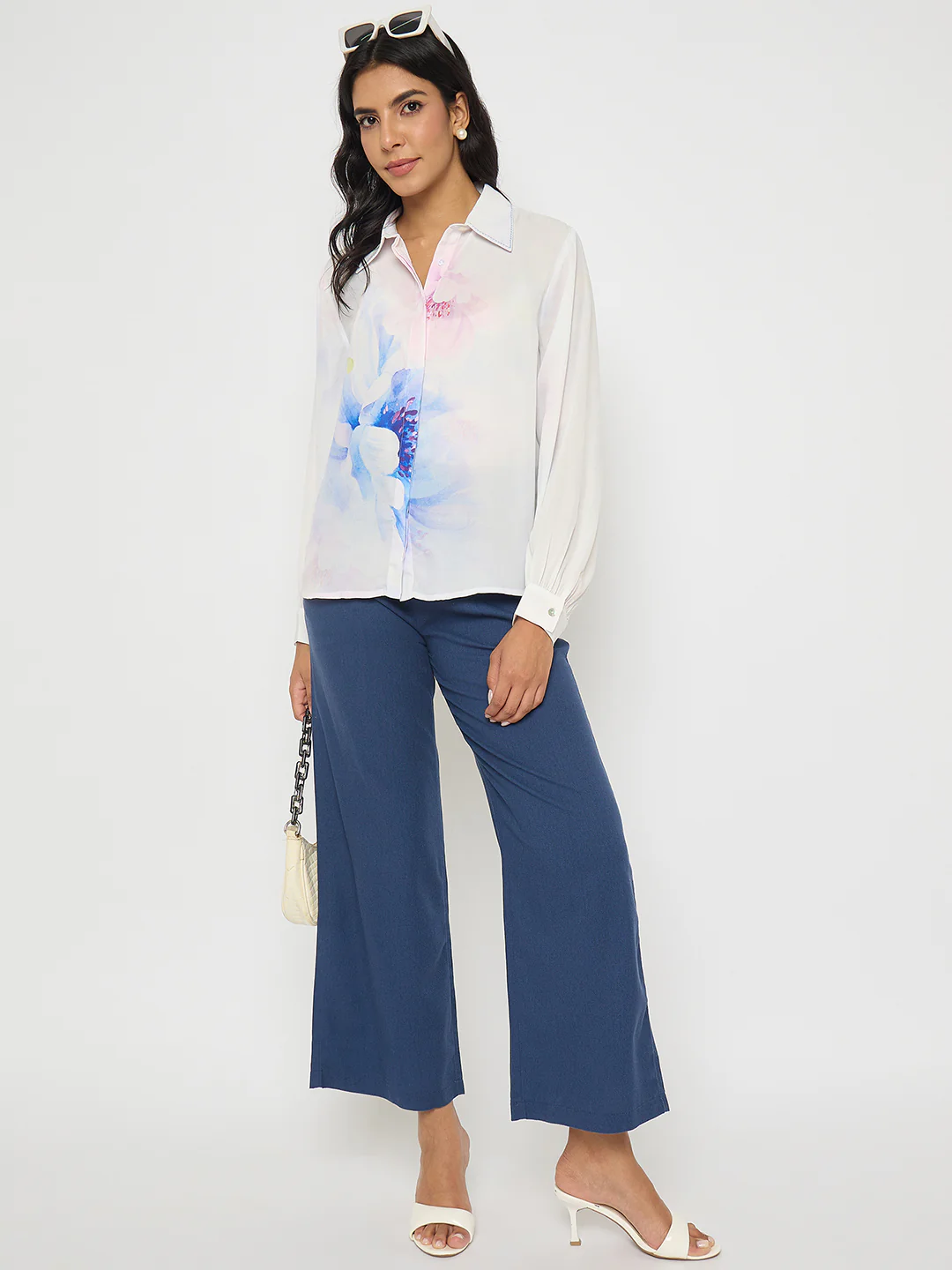 Madame Floral Print Contrast Stiched Collar Off White Shirt - Image 2