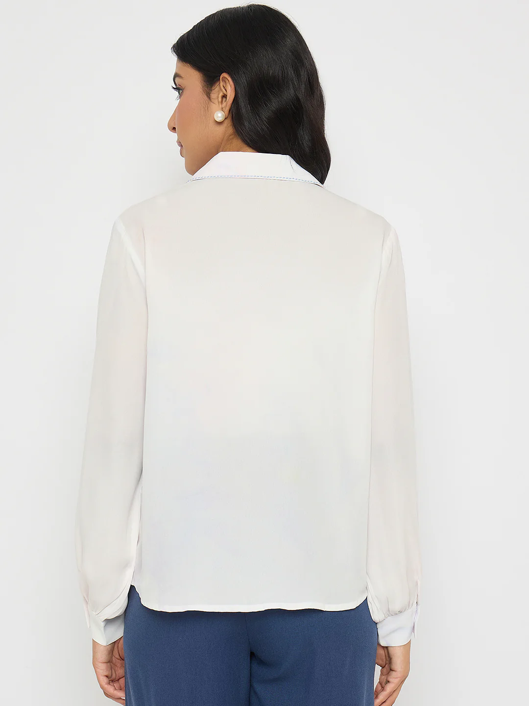 Madame Floral Print Contrast Stiched Collar Off White Shirt - Image 6
