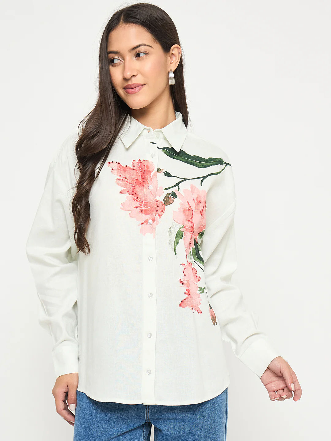 Madame Floral Print Light Green Viscose Blend Shirt - Image 3