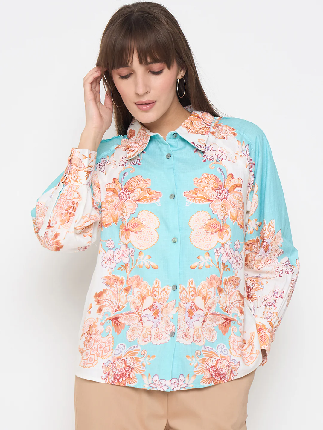 Madame Floral Print Colorblock Blue Shirt - Image 3