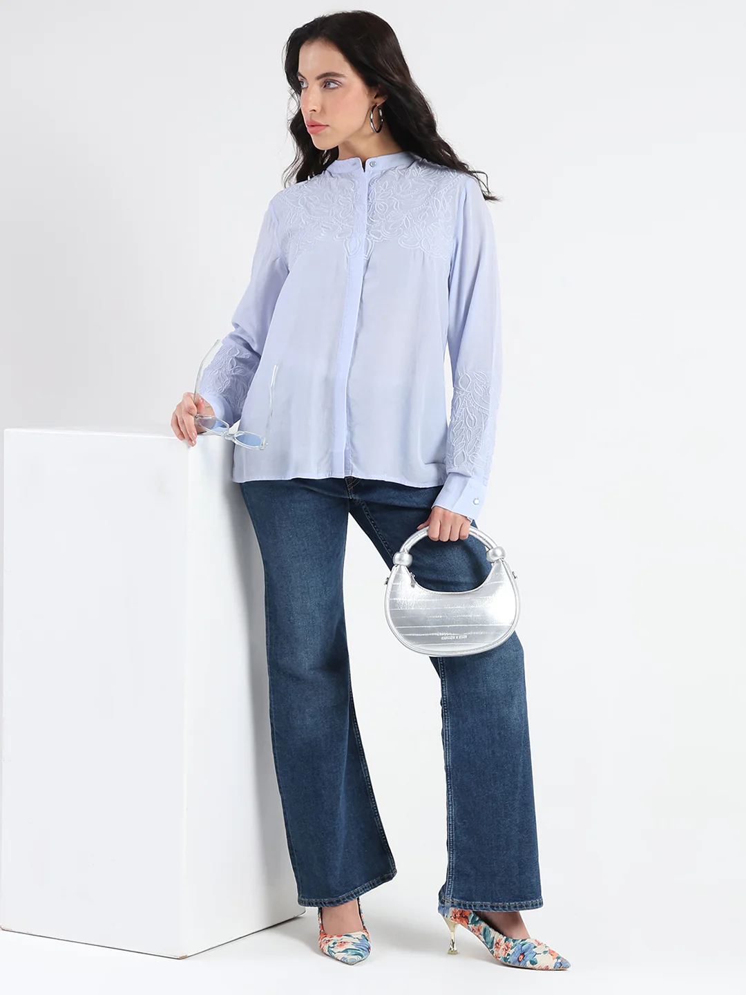 Madame Tencel Blend Embroidery Detail Blue Shirt