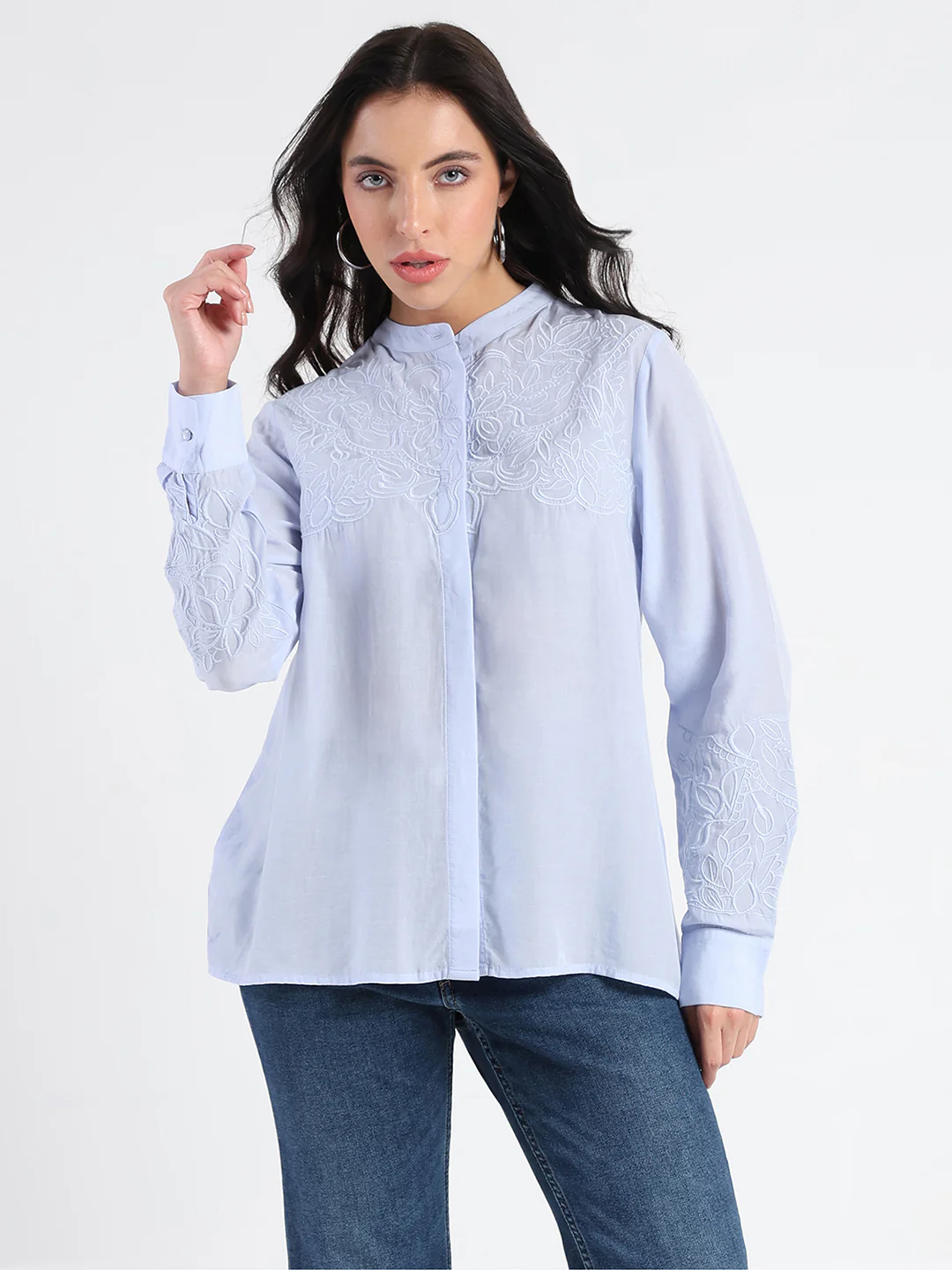Madame Tencel Blend Embroidery Detail Blue Shirt - Image 2