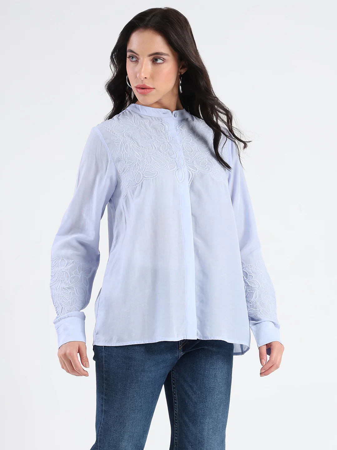 Madame Tencel Blend Embroidery Detail Blue Shirt - Image 3