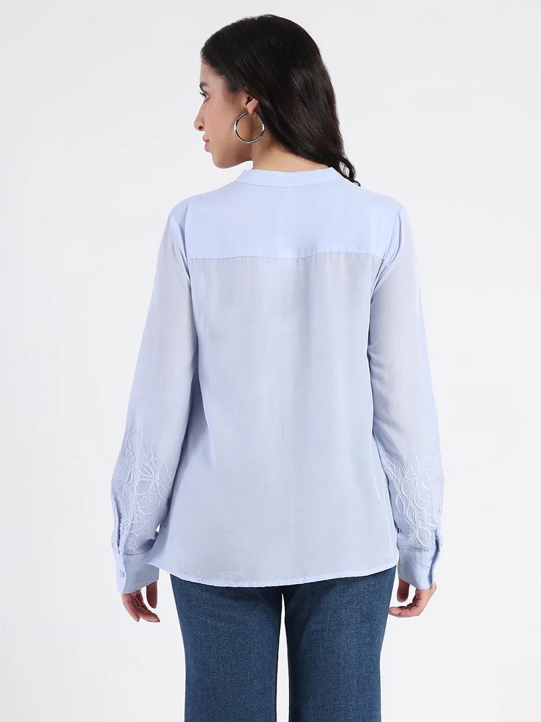 Madame Tencel Blend Embroidery Detail Blue Shirt - Image 5