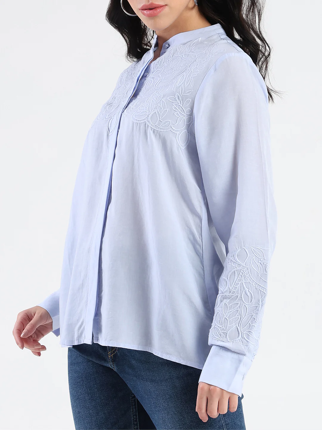 Madame Tencel Blend Embroidery Detail Blue Shirt - Image 6