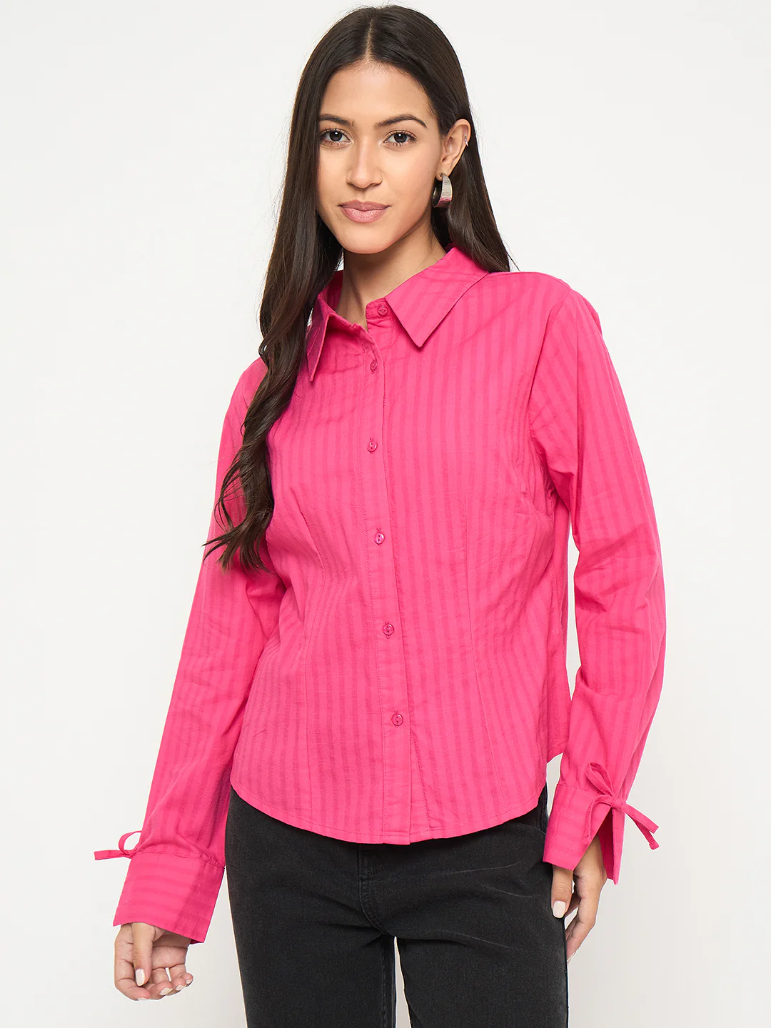 Madame Tie-Cuff Detail Striped Hot Pink Cotton Shirt - Image 3