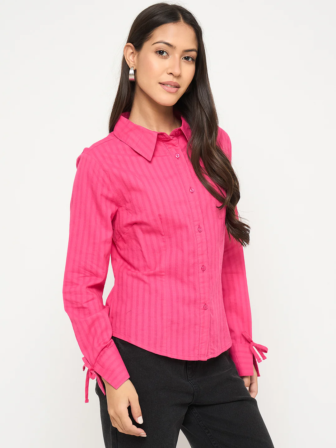 Madame Tie-Cuff Detail Striped Hot Pink Cotton Shirt - Image 4