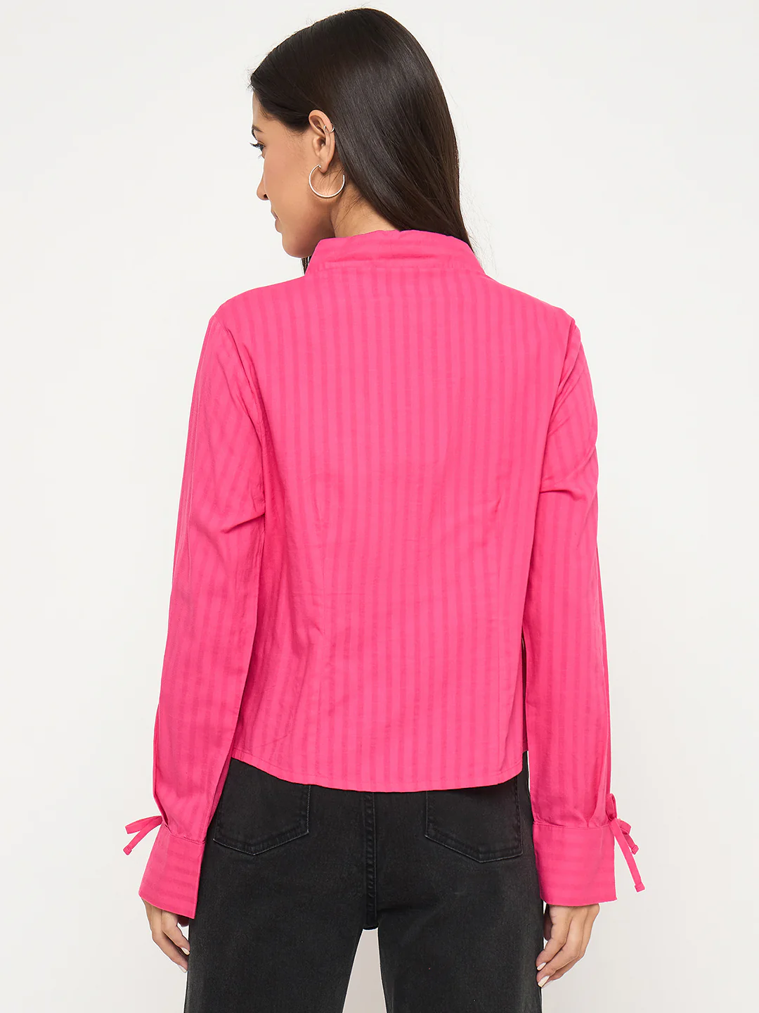 Madame Tie-Cuff Detail Striped Hot Pink Cotton Shirt - Image 6