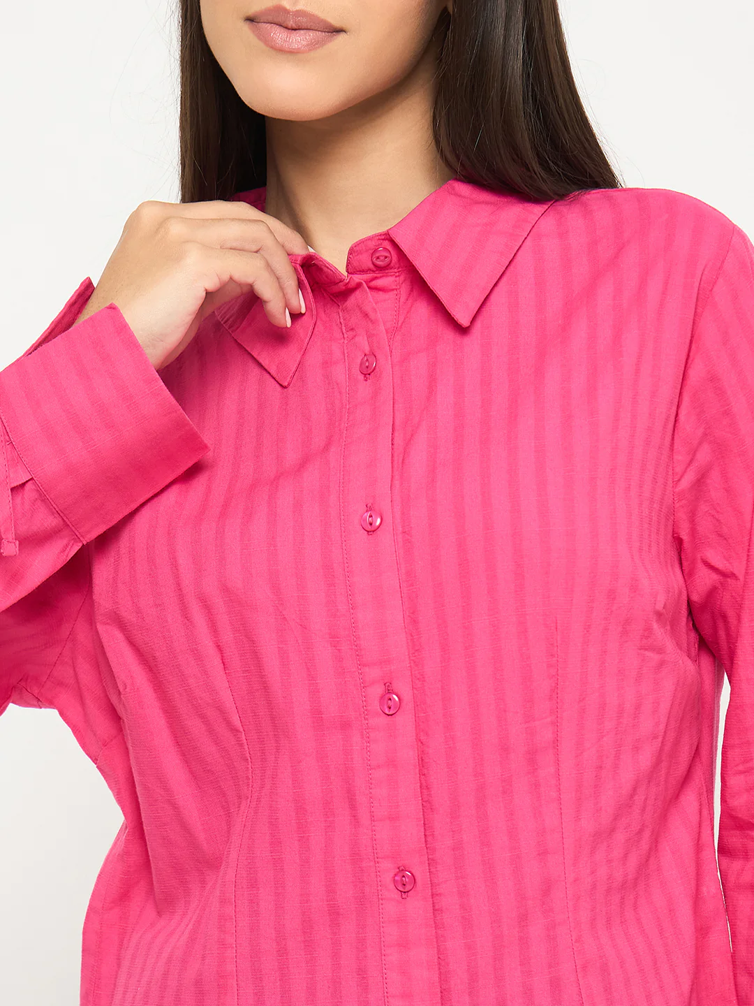 Madame Tie-Cuff Detail Striped Hot Pink Cotton Shirt - Image 7