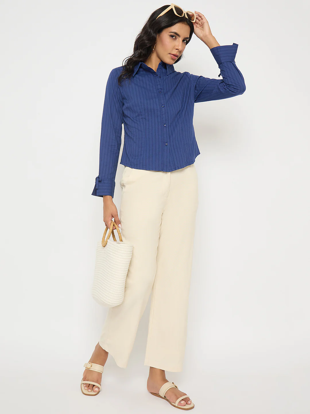 Madame Striped Solid Navy Cotton Shirt - Image 2
