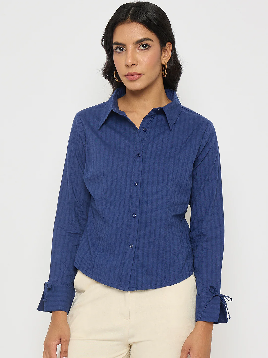 Madame Striped Solid Navy Cotton Shirt - Image 3
