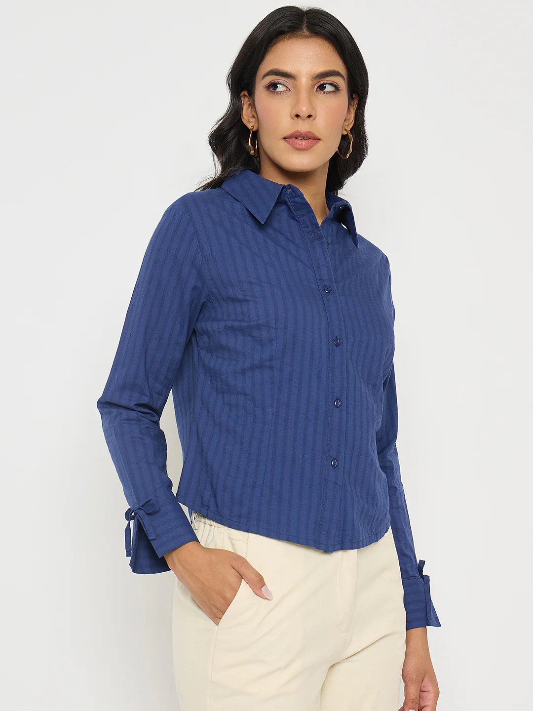 Madame Striped Solid Navy Cotton Shirt - Image 4