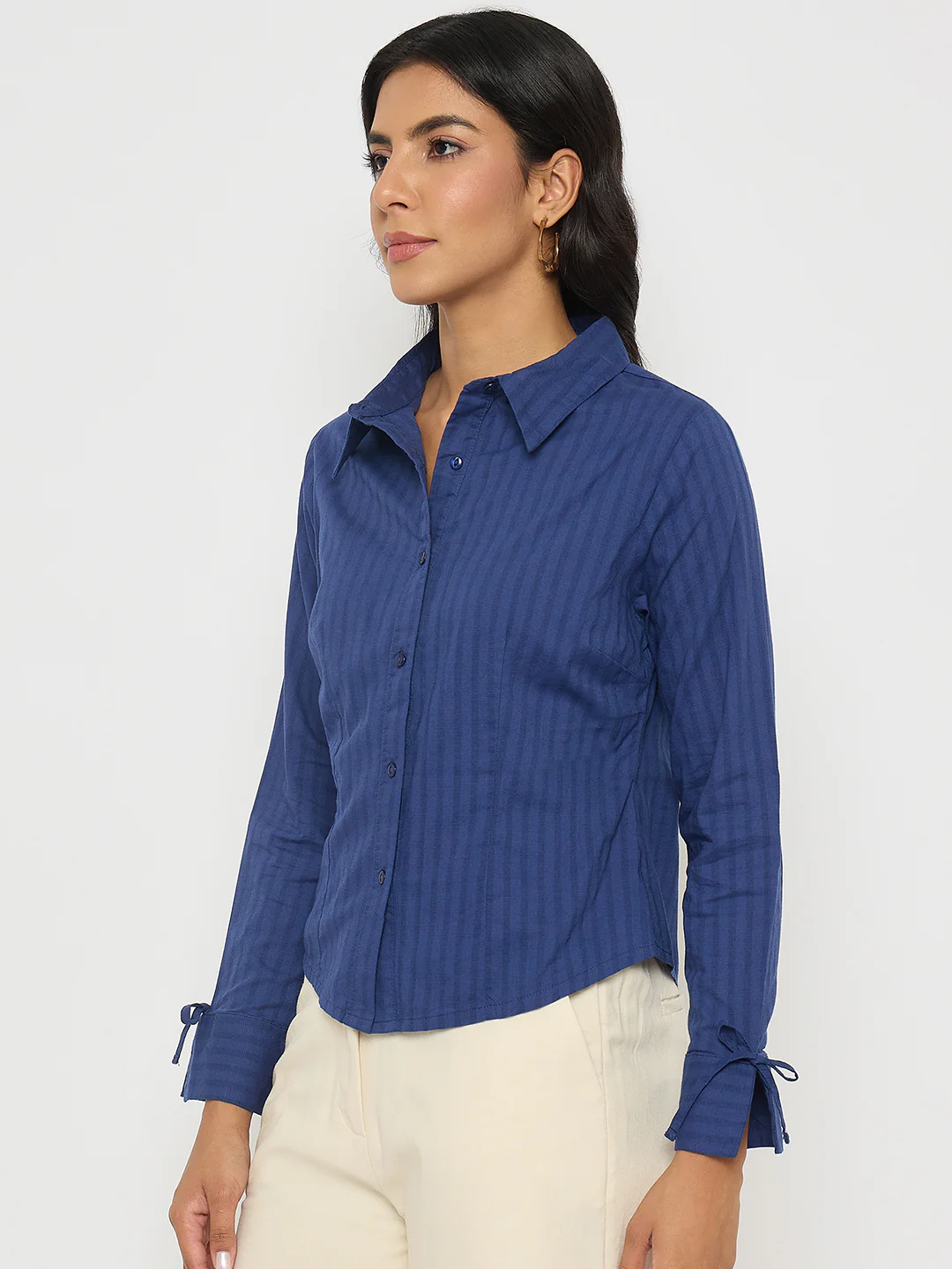 Madame Striped Solid Navy Cotton Shirt - Image 5