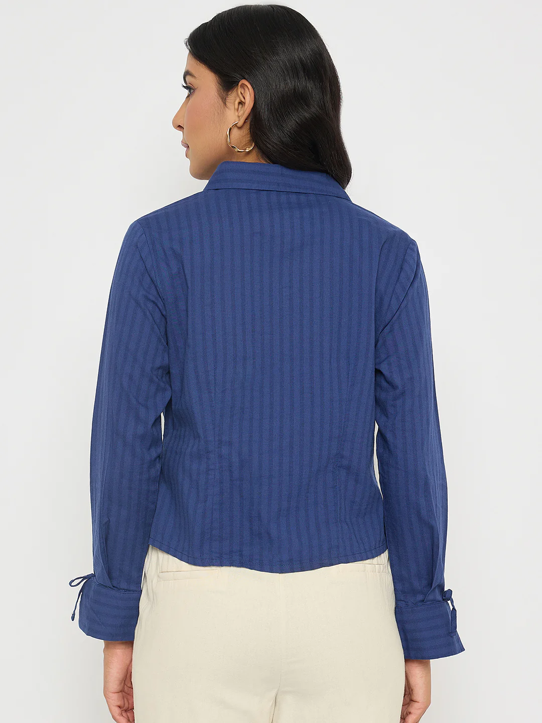 Madame Striped Solid Navy Cotton Shirt - Image 6