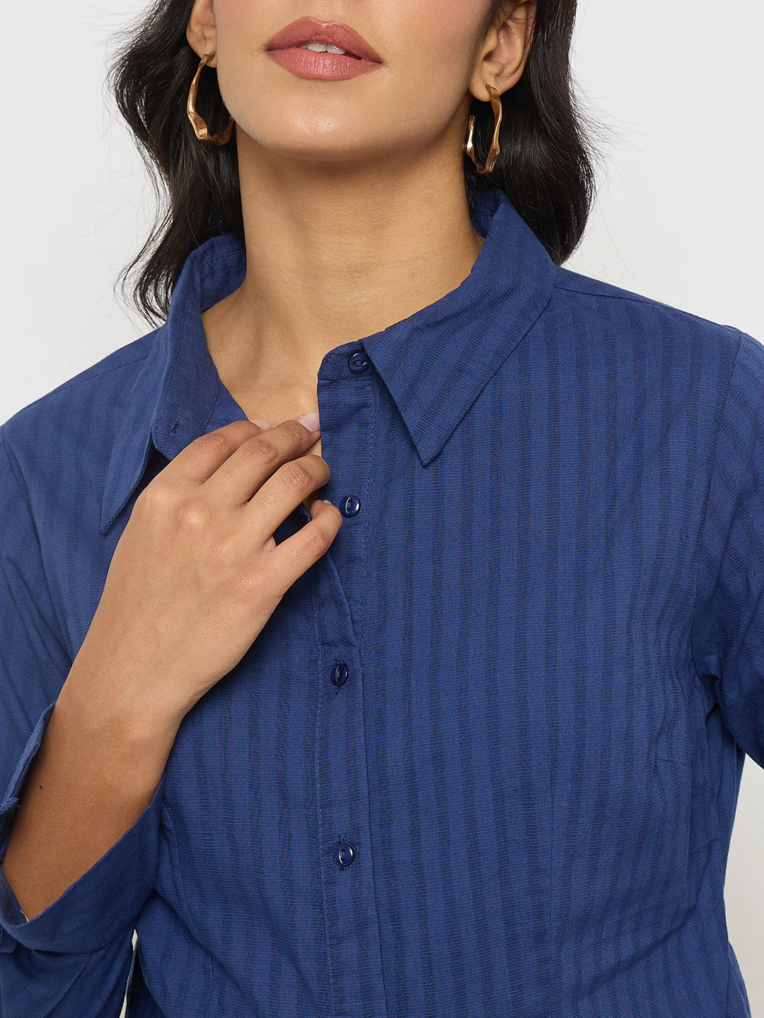 Madame Striped Solid Navy Cotton Shirt - Image 7