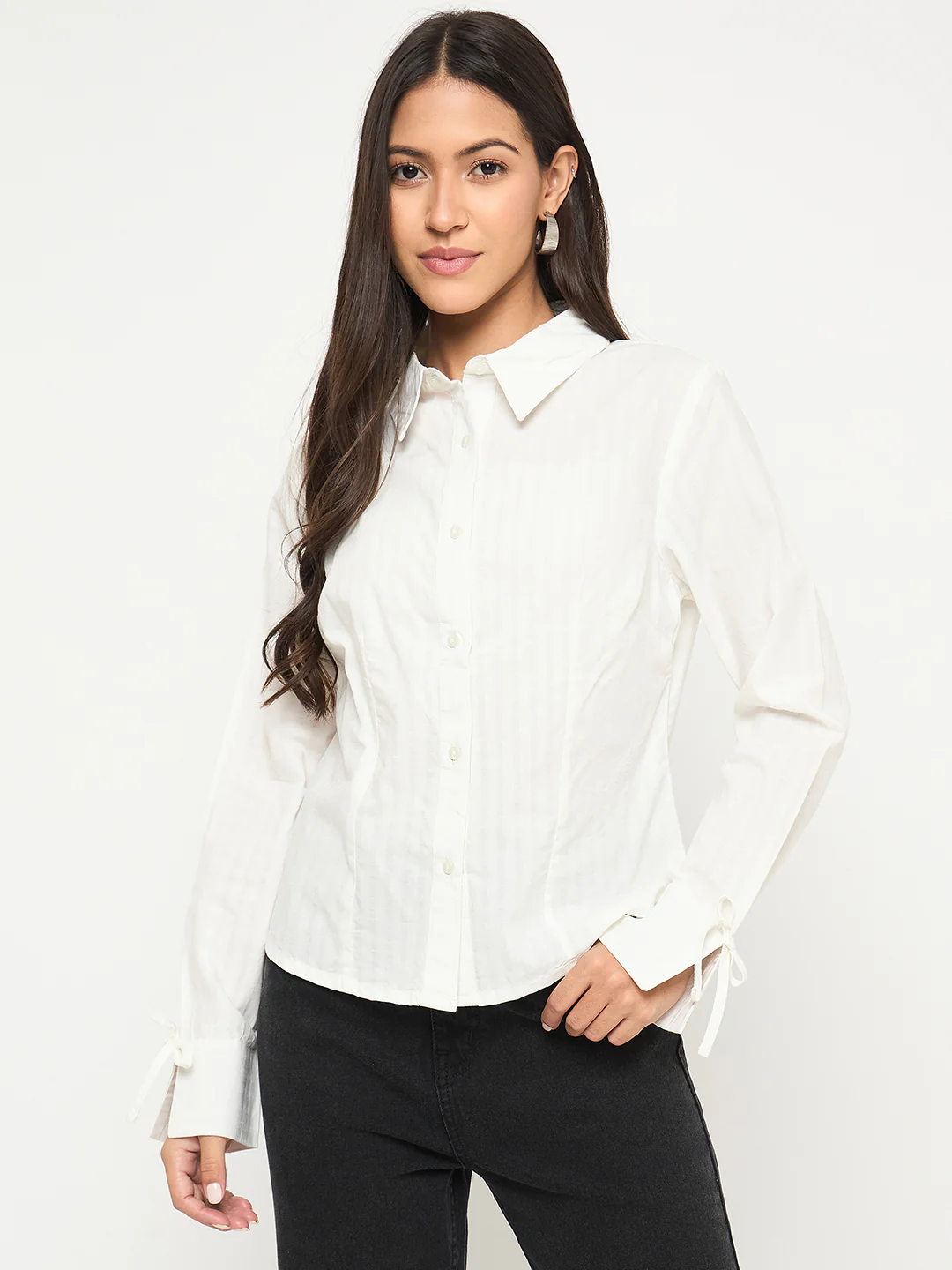 Madame Tie-Cuff Detail Striped White Cotton Shirt - Image 3