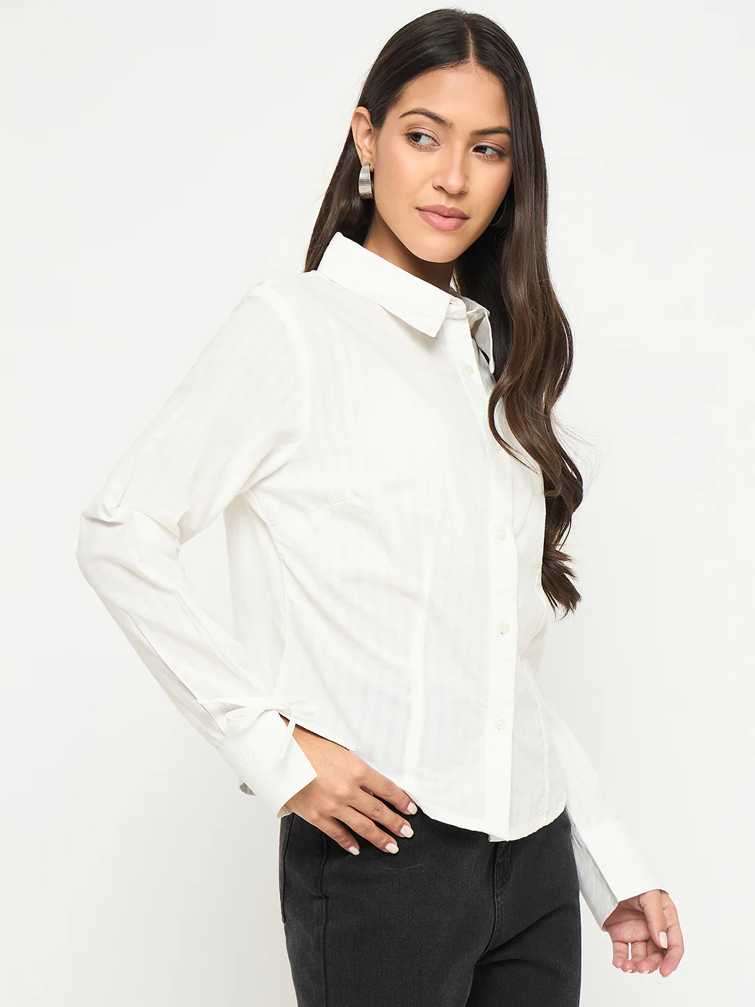 Madame Tie-Cuff Detail Striped White Cotton Shirt - Image 4