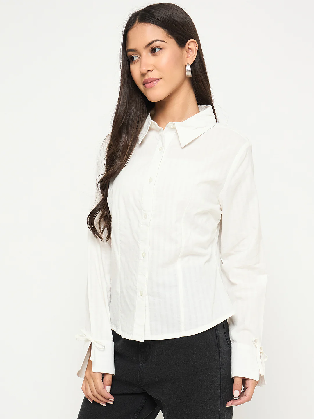 Madame Tie-Cuff Detail Striped White Cotton Shirt - Image 5