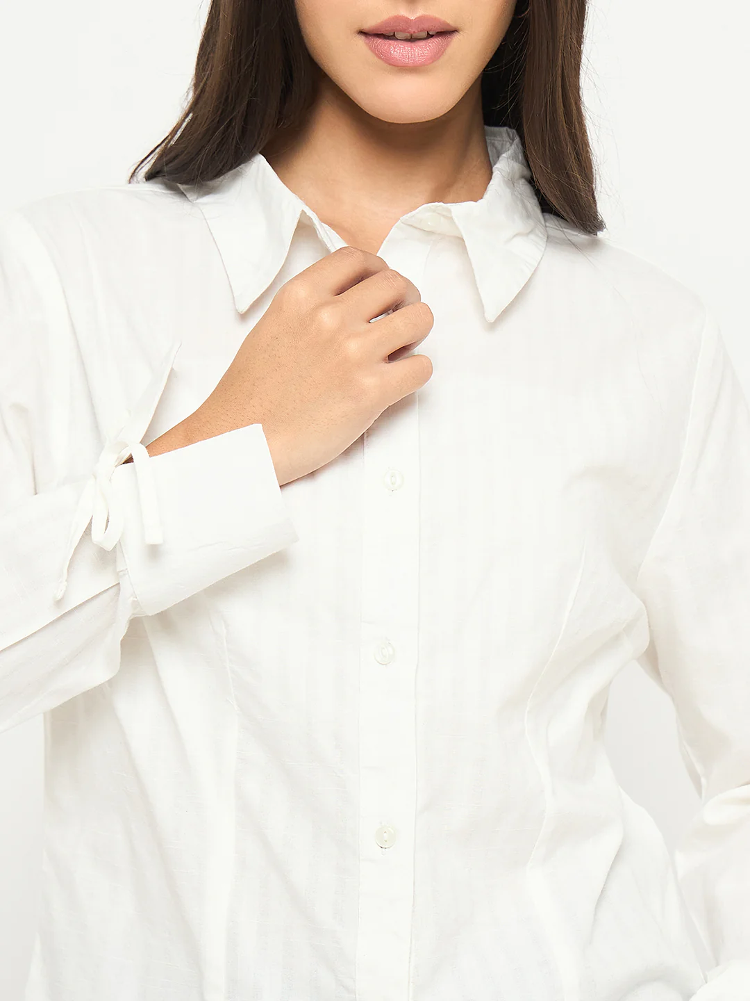 Madame Tie-Cuff Detail Striped White Cotton Shirt - Image 7