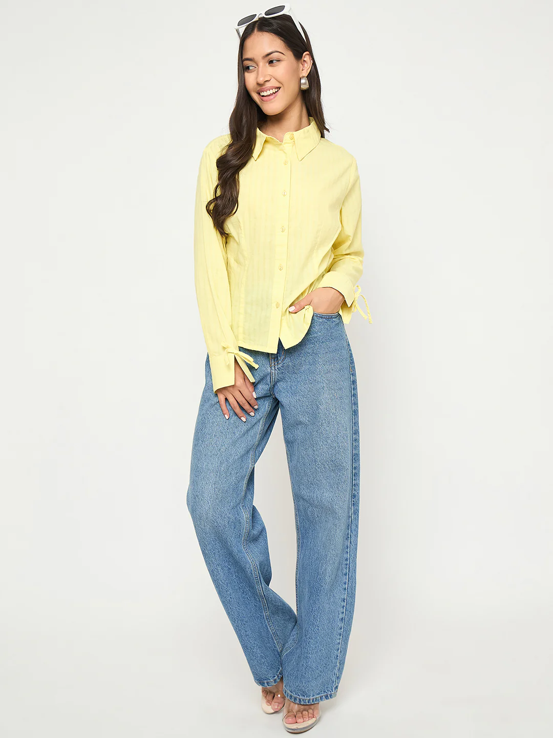 Madame Tie-Cuff Detail Striped Yellow Cotton Shirt - Image 2