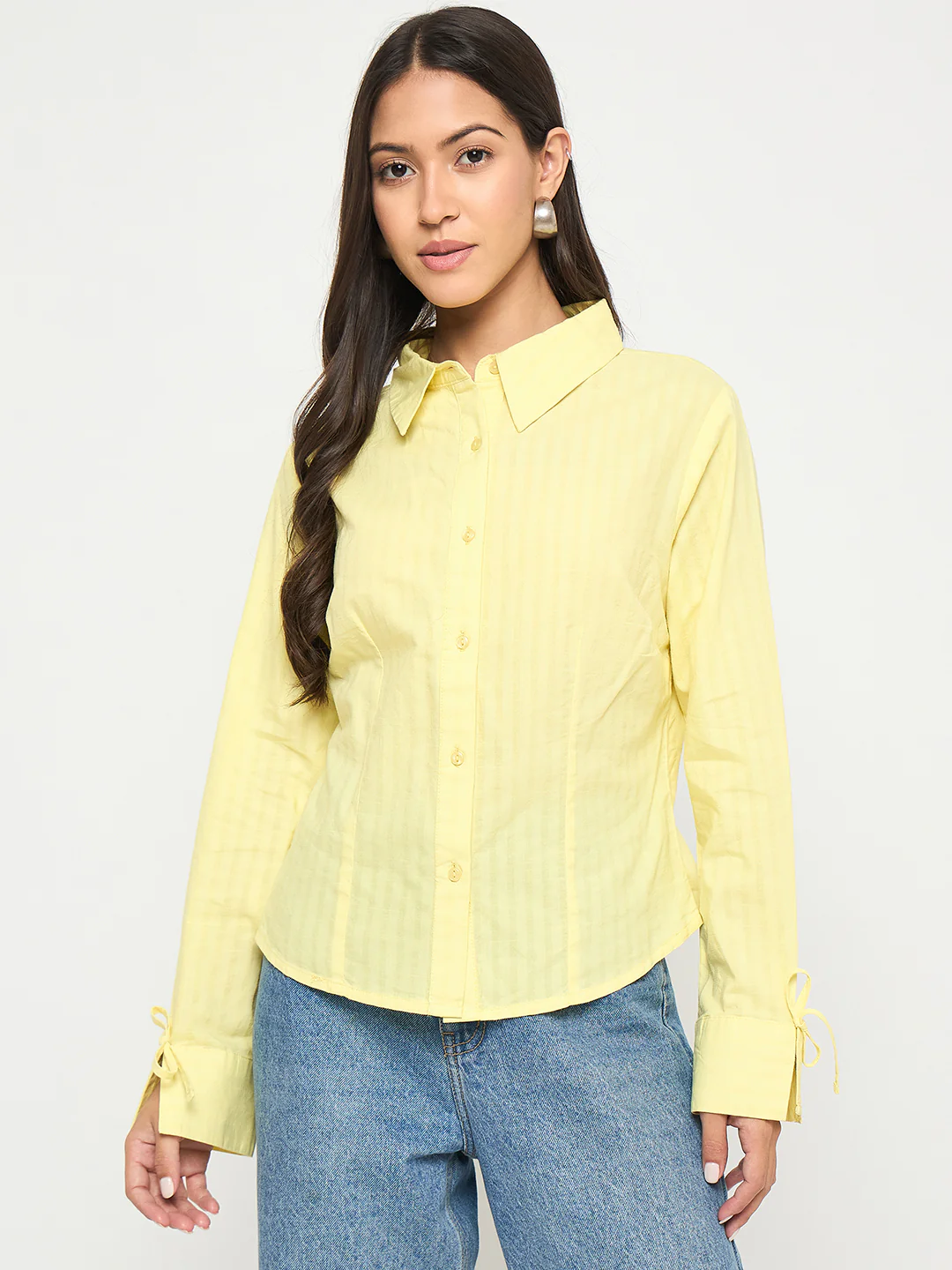 Madame Tie-Cuff Detail Striped Yellow Cotton Shirt - Image 3