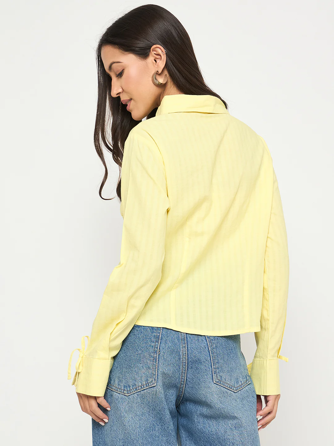 Madame Tie-Cuff Detail Striped Yellow Cotton Shirt - Image 6