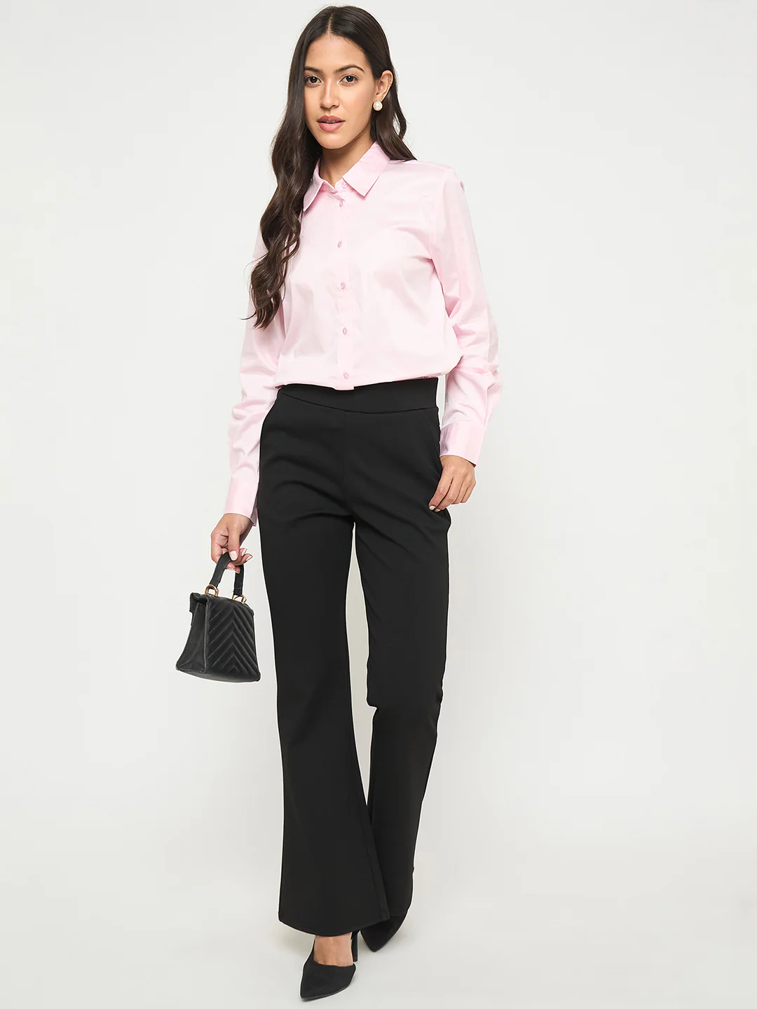 Madame Buttoned Front Solid Cotton Blend Baby Pink Shirt - Image 2