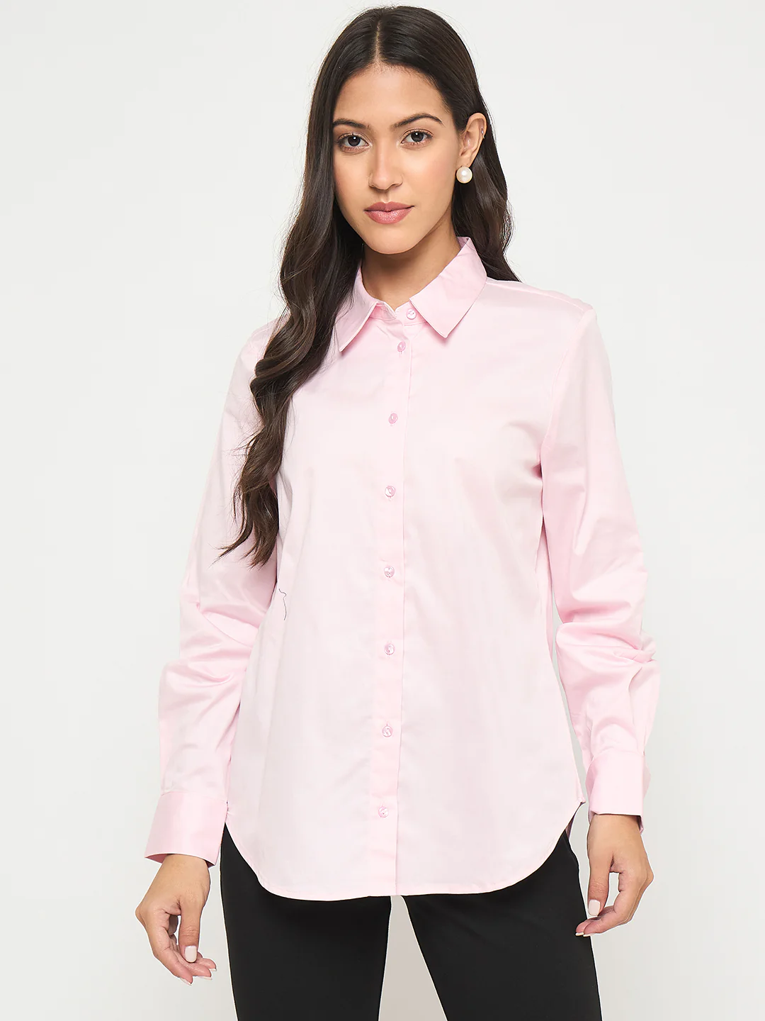 Madame Buttoned Front Solid Cotton Blend Baby Pink Shirt - Image 3