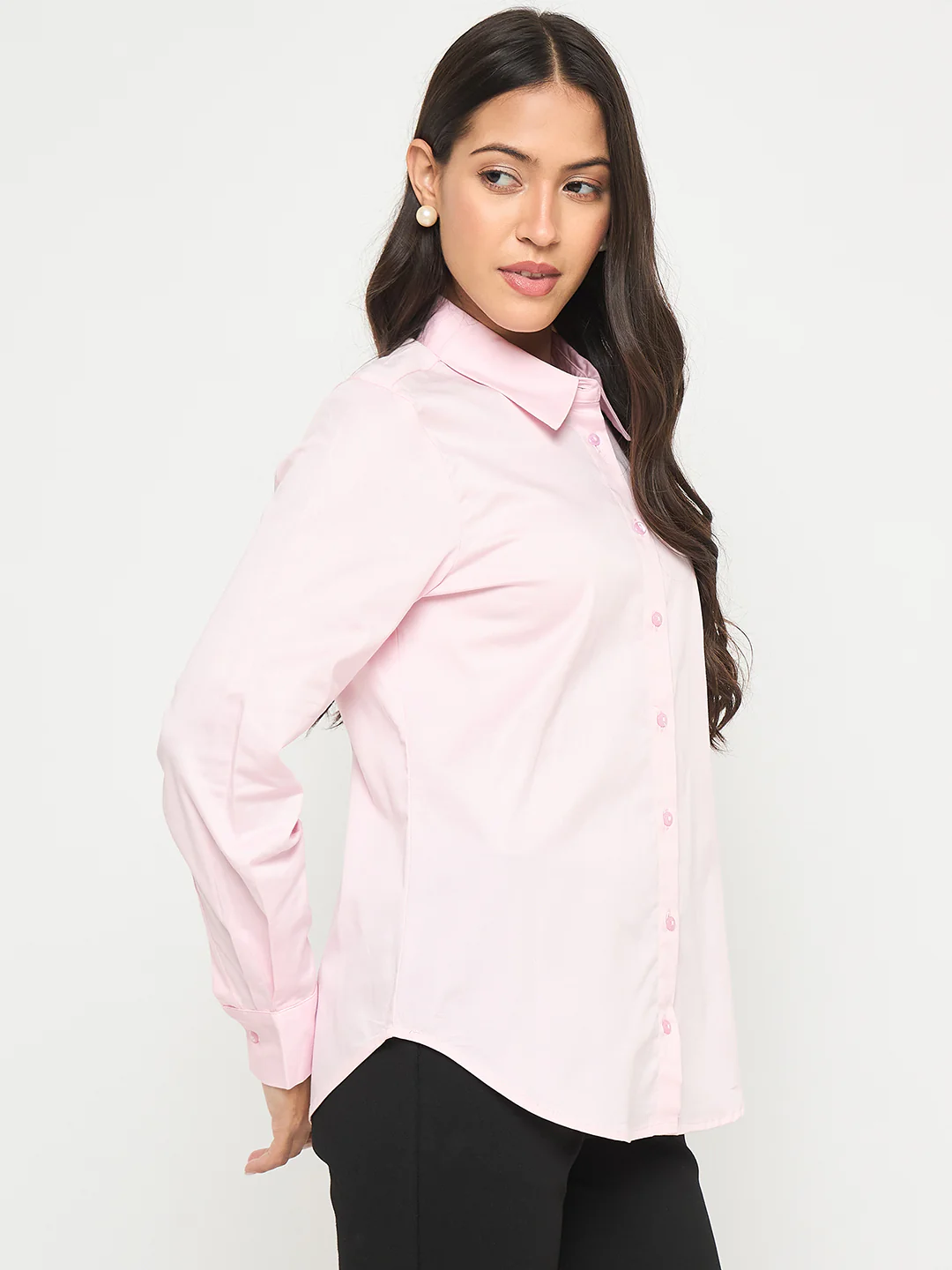 Madame Buttoned Front Solid Cotton Blend Baby Pink Shirt - Image 4