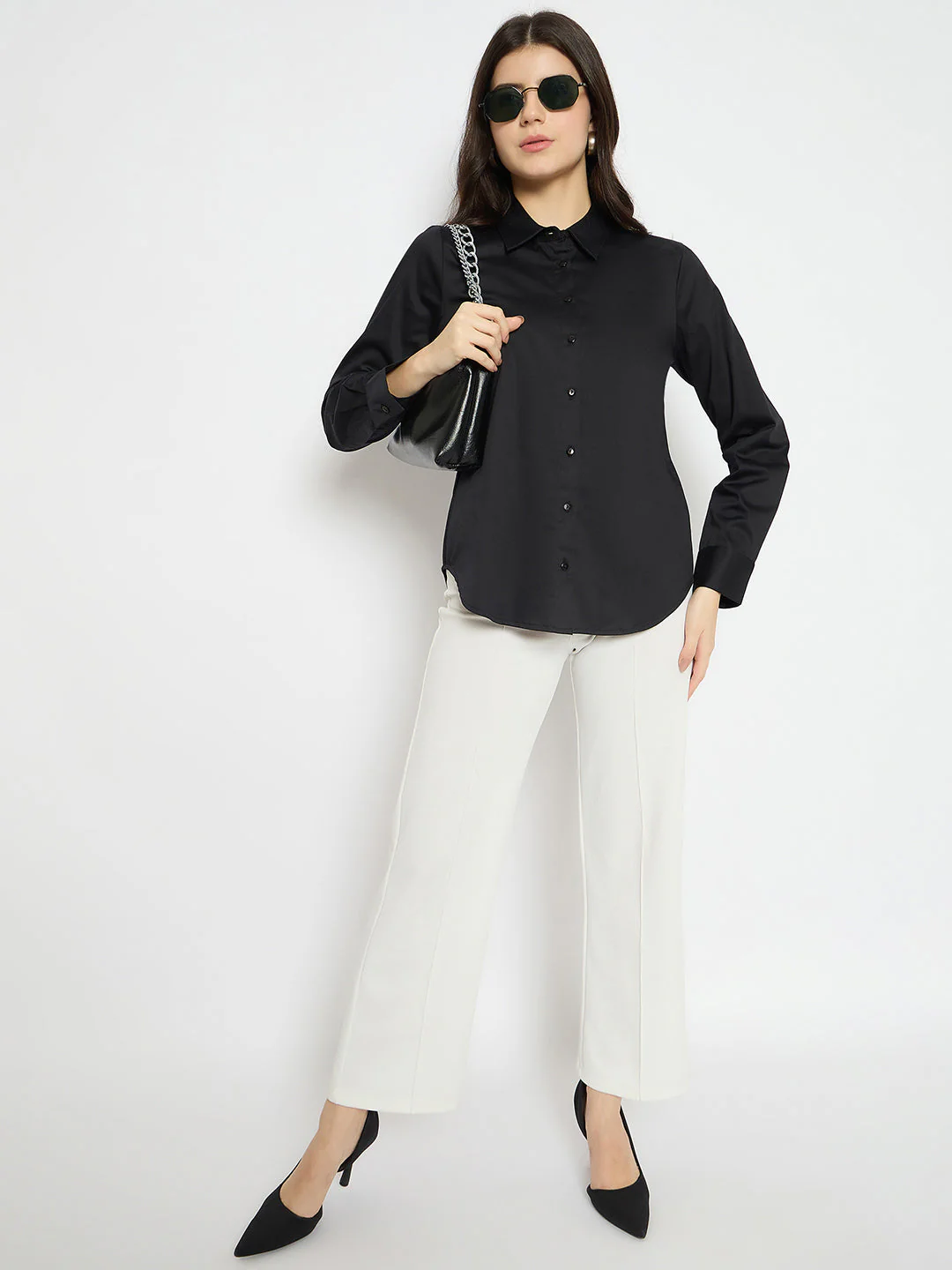 Madame Solid Black Cotton Blend Shirt - Image 2