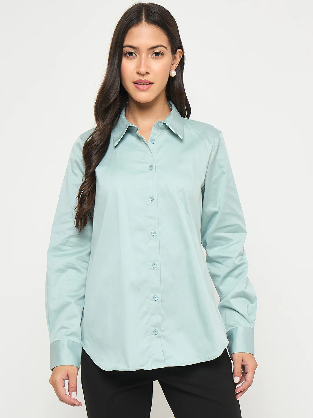 Madame Buttoned Front Solid Cotton Blend Green Shirt - Image 3