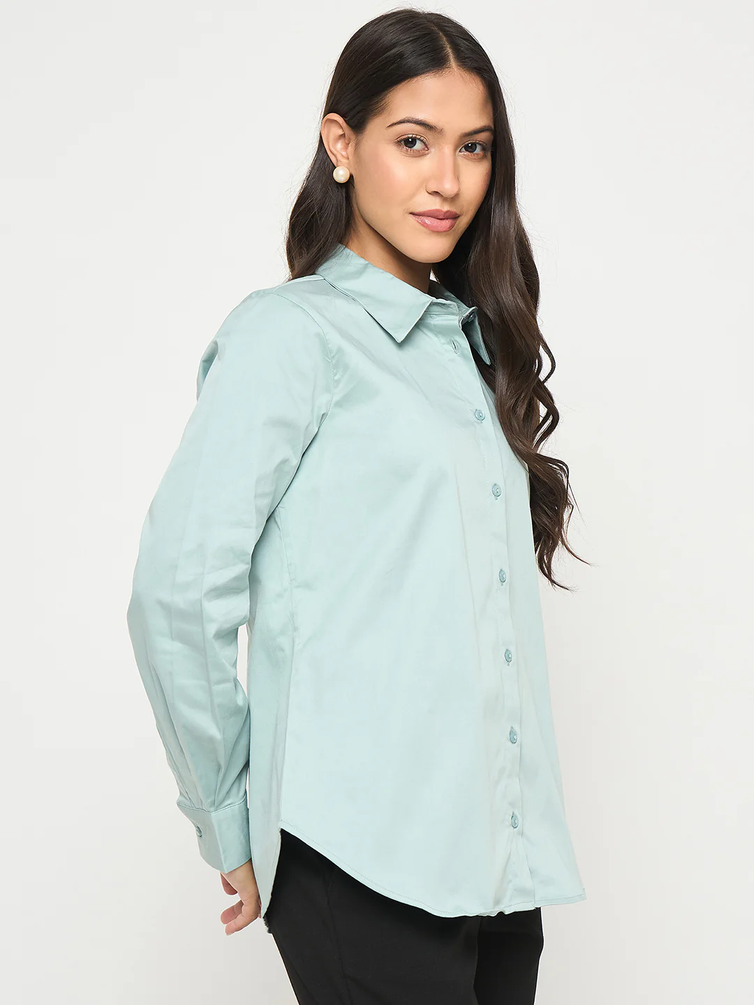 Madame Buttoned Front Solid Cotton Blend Green Shirt - Image 4