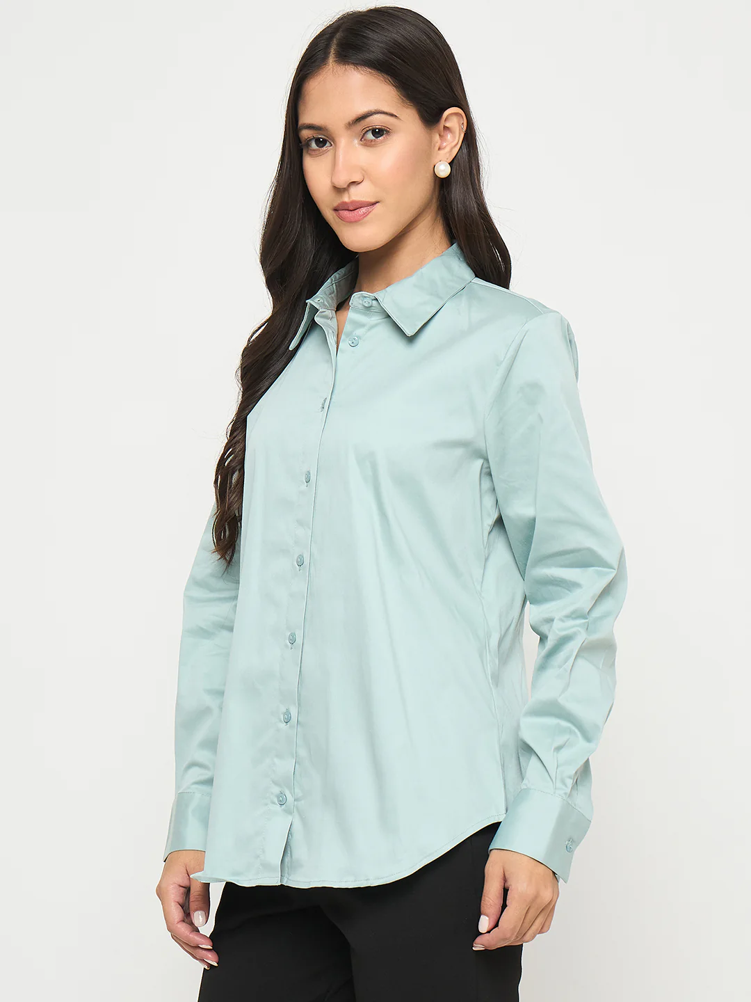 Madame Buttoned Front Solid Cotton Blend Green Shirt - Image 5