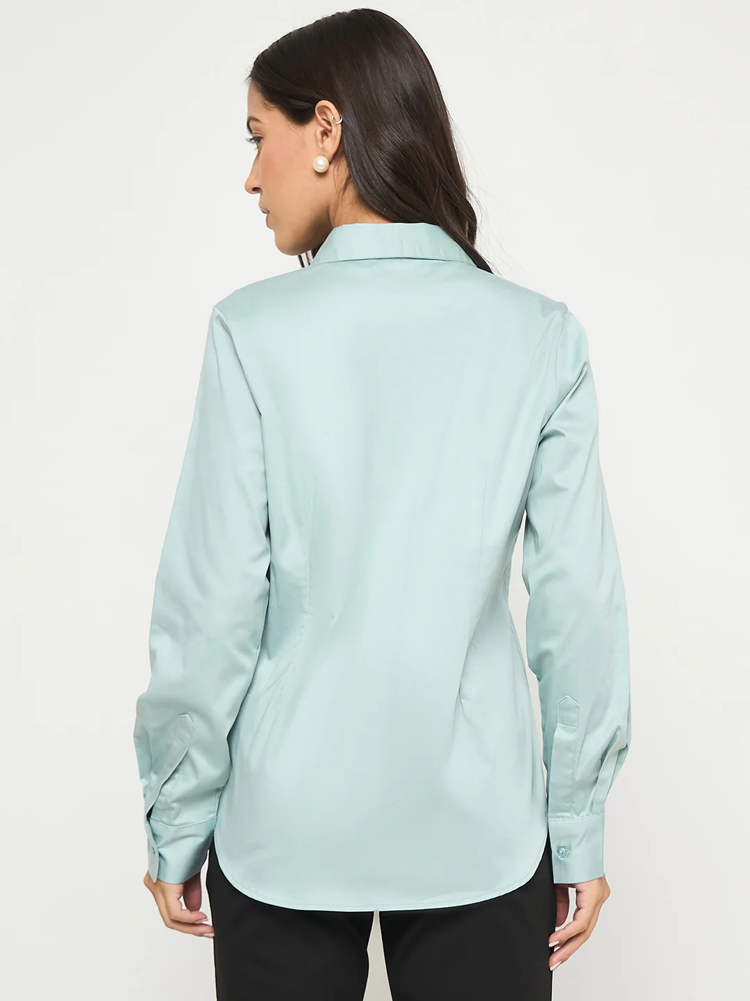 Madame Buttoned Front Solid Cotton Blend Green Shirt - Image 6