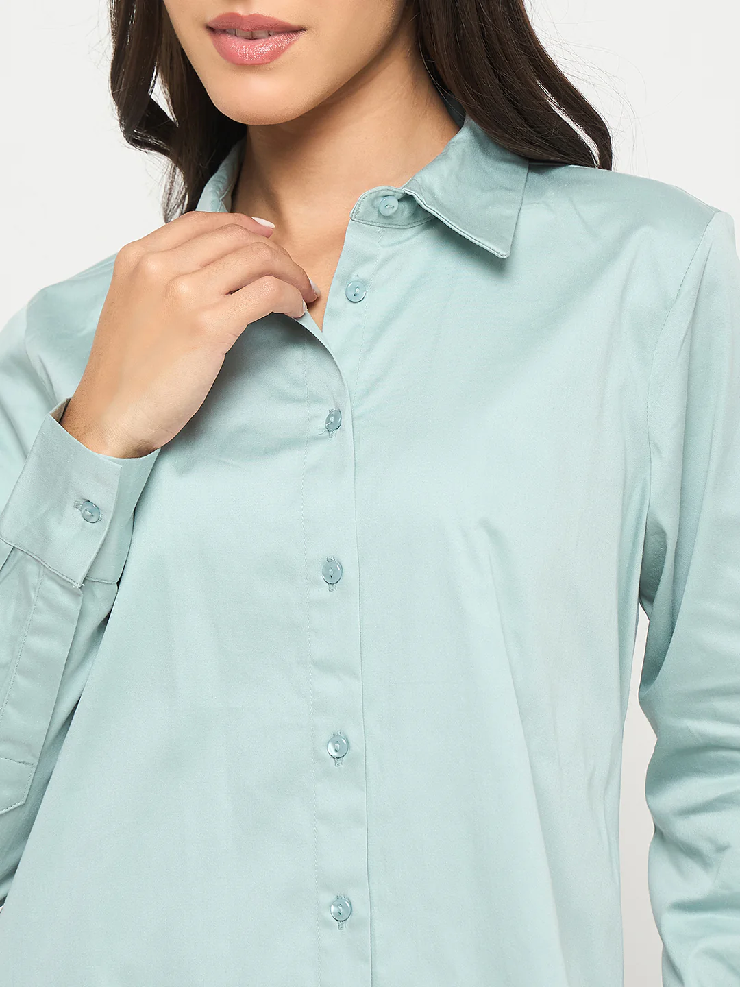 Madame Buttoned Front Solid Cotton Blend Green Shirt - Image 7