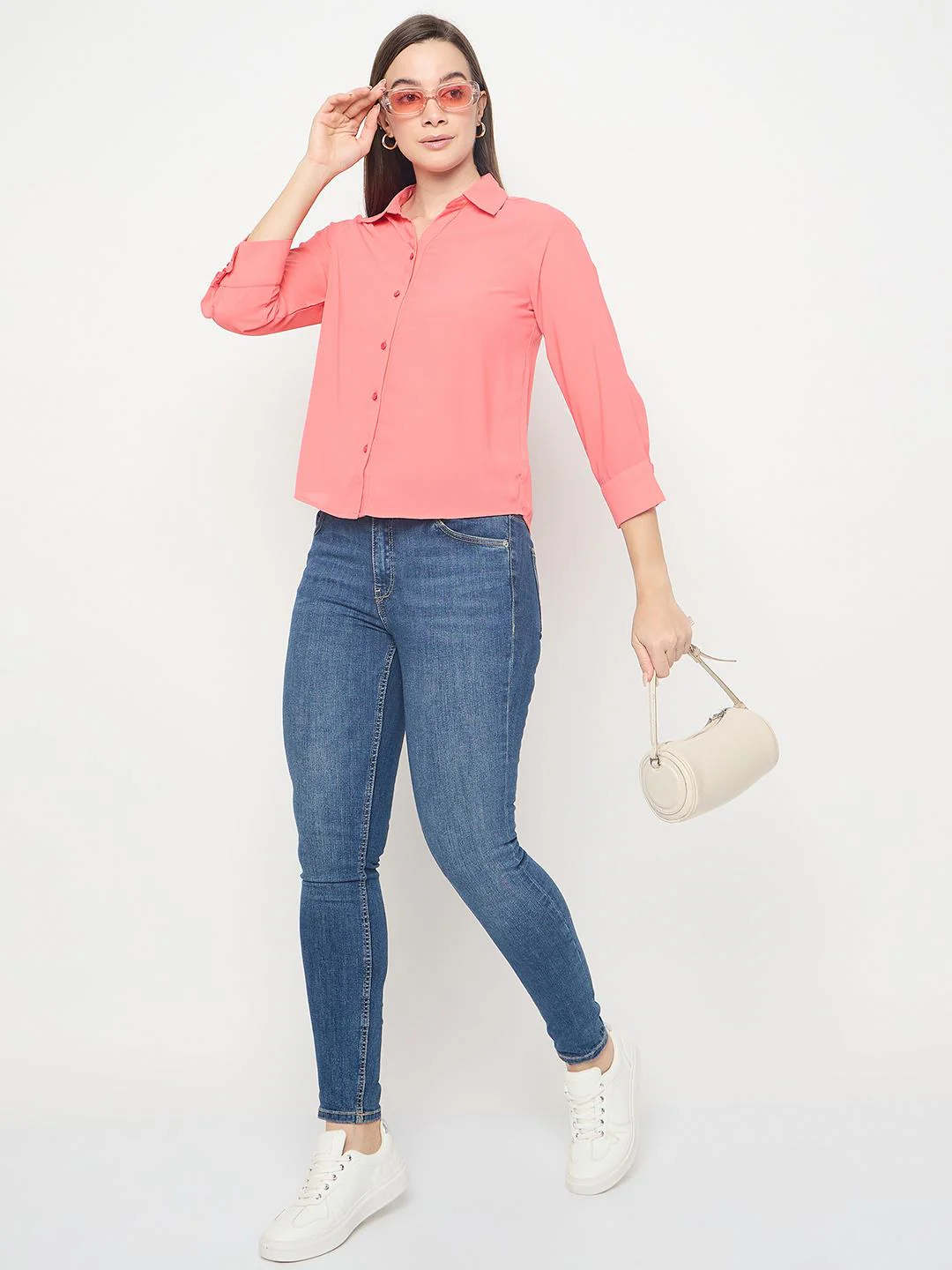 Madame Solid Cuff Sleeve Coral Shirt - Image 2