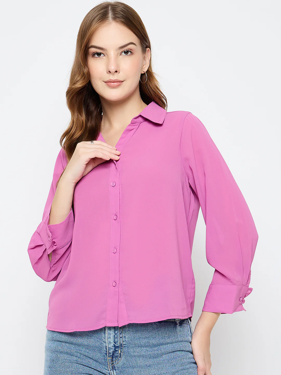 Madame Solid Fucshia Pink Shirt - Image 3
