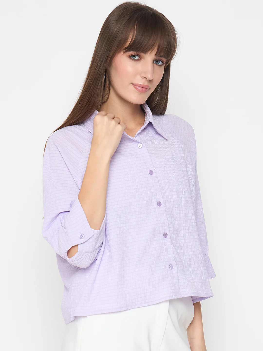 Madame Shirt Collar Buttoned Orange Lilac Shirt - Image 4