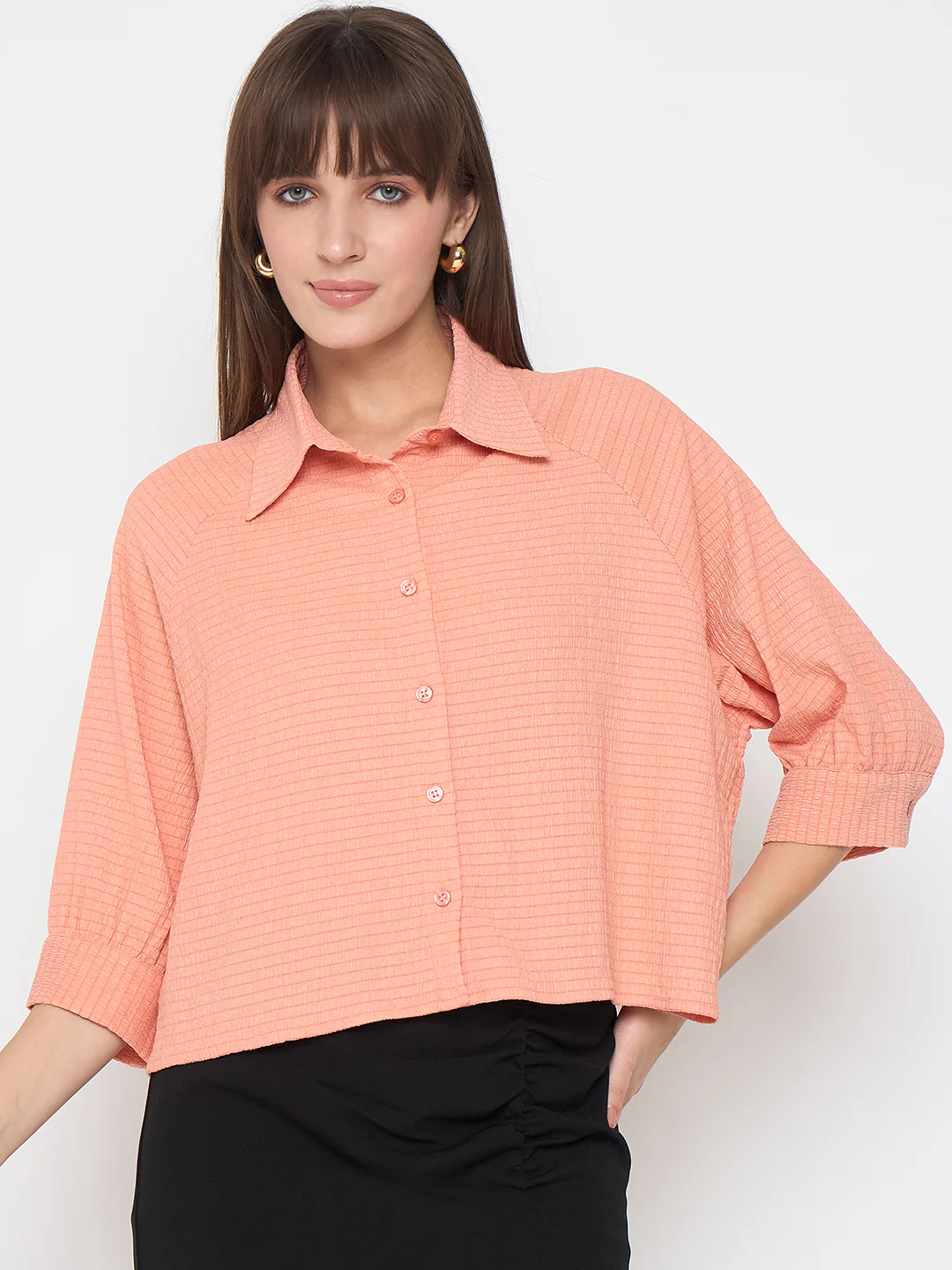 Madame Shirt Collar Buttoned Orange Crop Shirt - Image 3