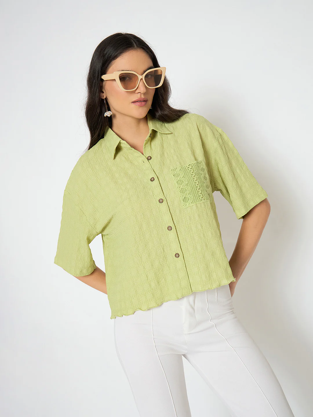 Madame Textured Pocketed Light Green Shirt