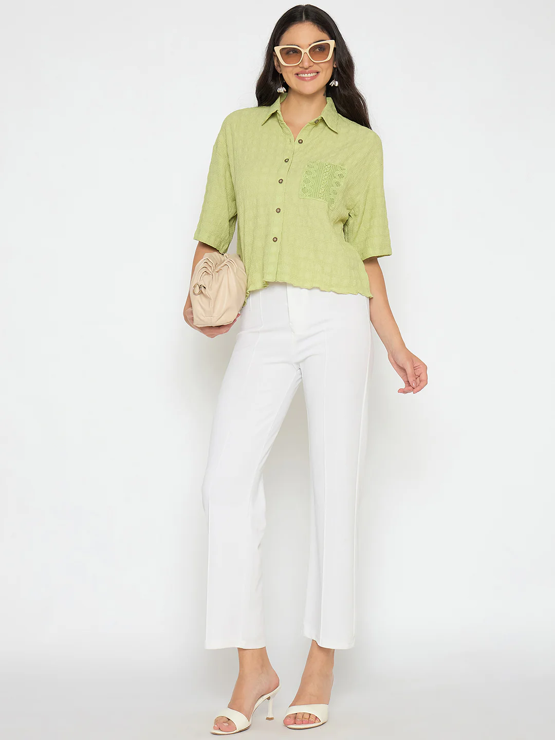 Madame Textured Pocketed Light Green Shirt - Image 2