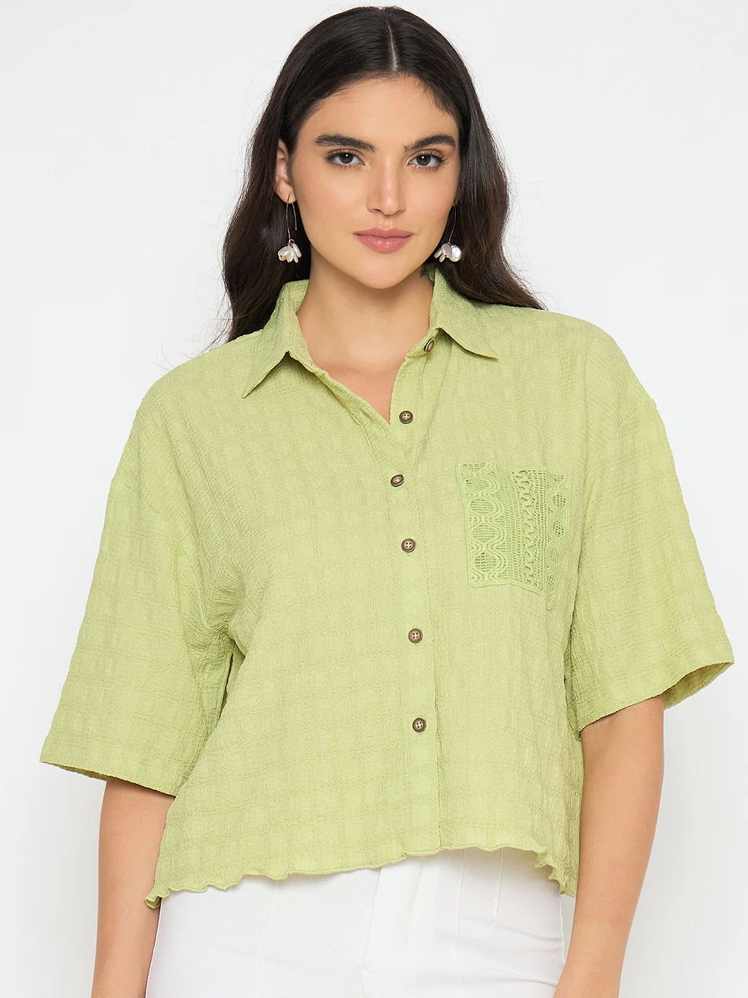 Madame Textured Pocketed Light Green Shirt - Image 3