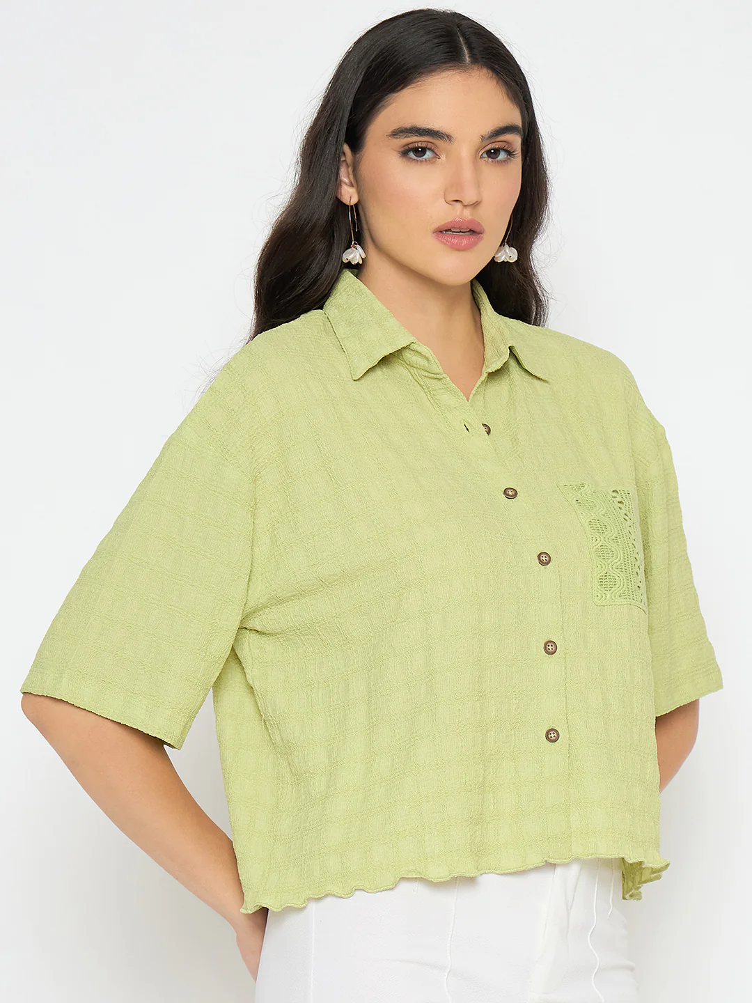 Madame Textured Pocketed Light Green Shirt - Image 4