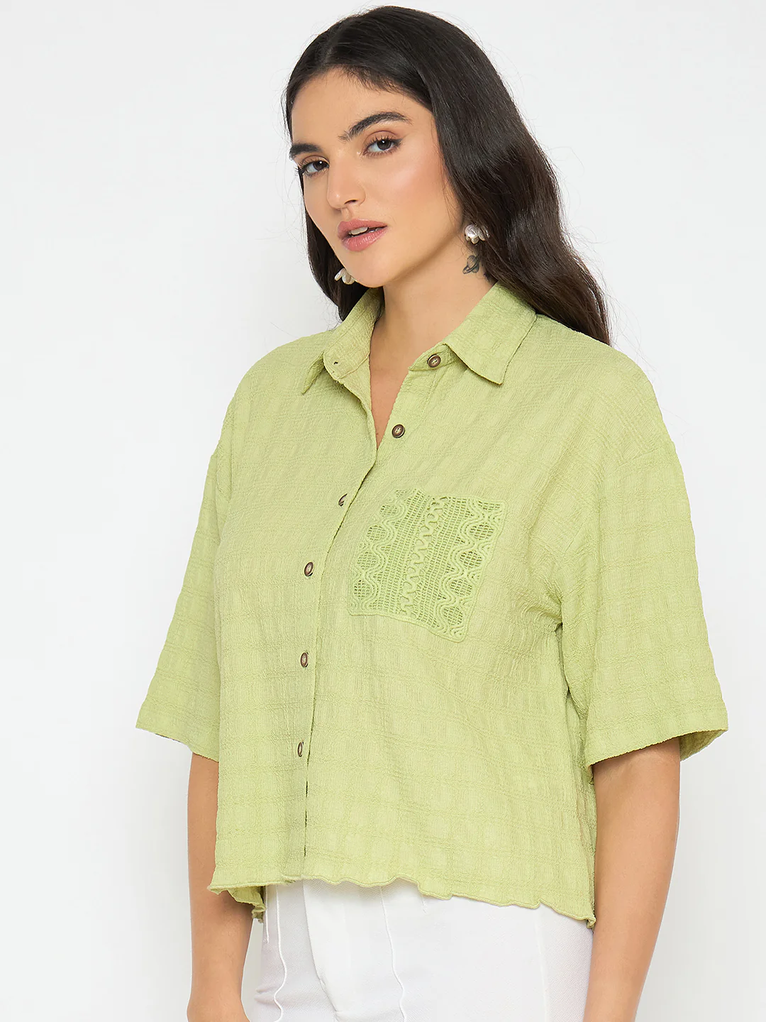 Madame Textured Pocketed Light Green Shirt - Image 5