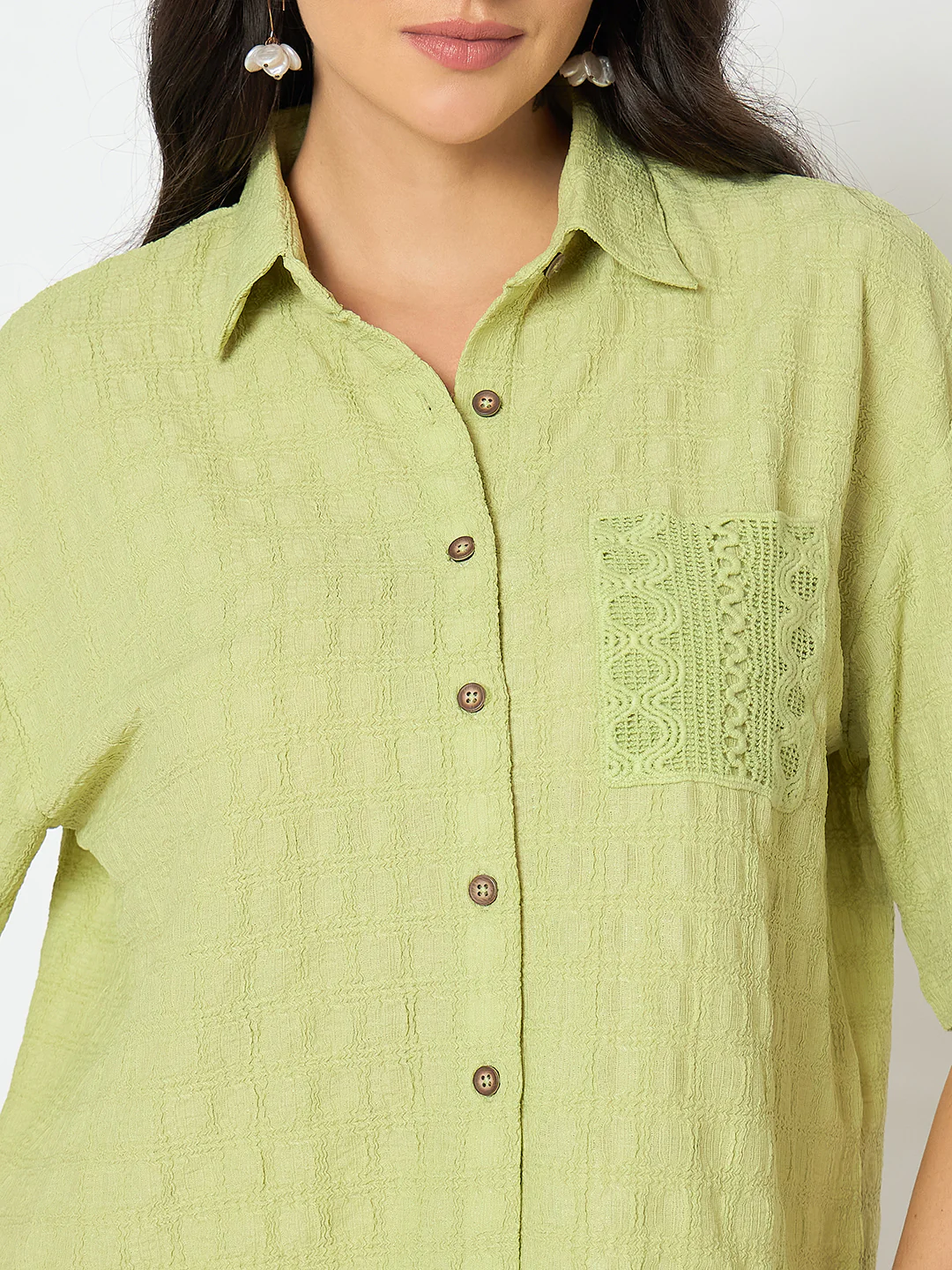 Madame Textured Pocketed Light Green Shirt - Image 7