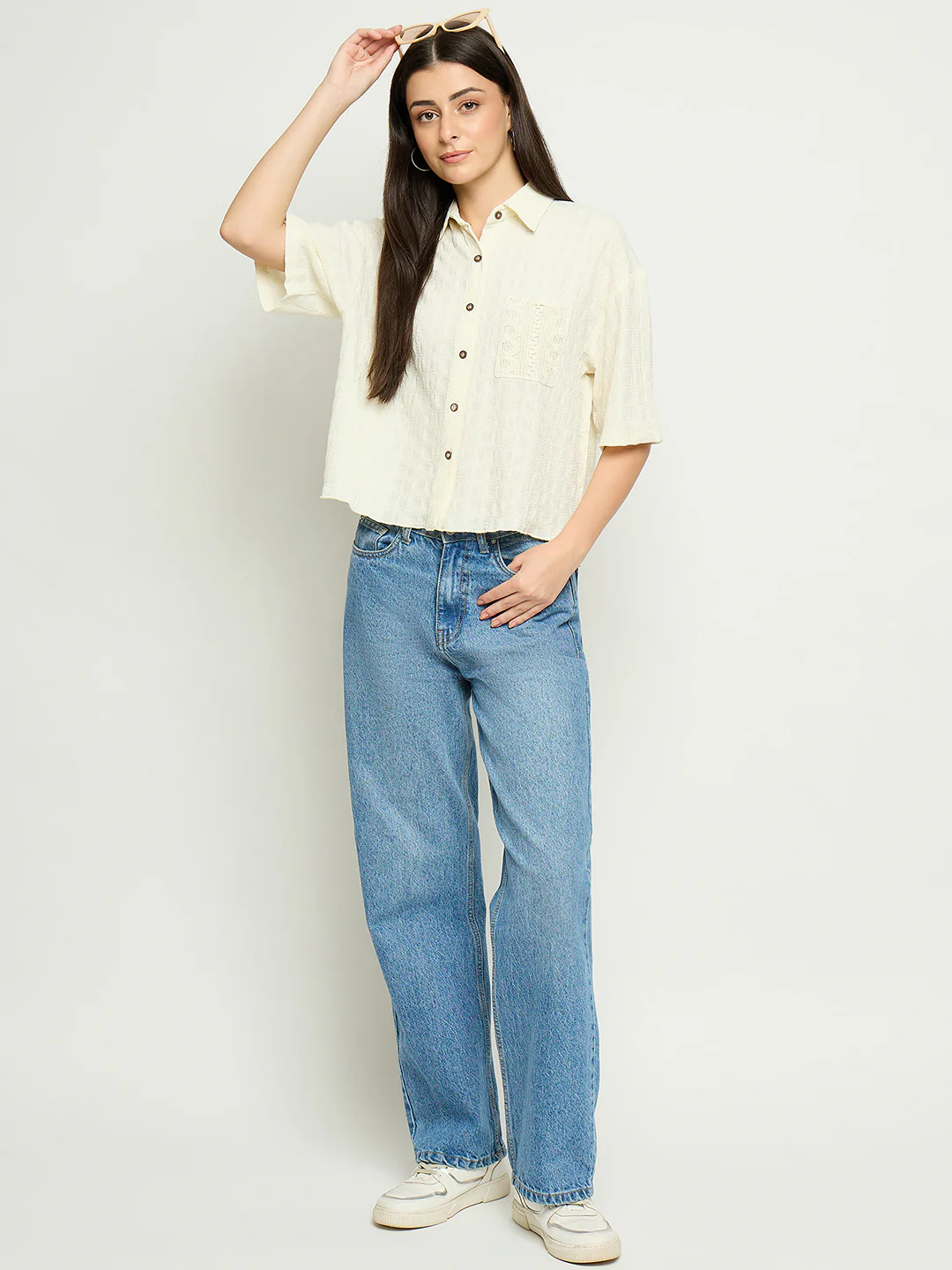 Madame Textured Pocketed Off White Shirt - Image 2