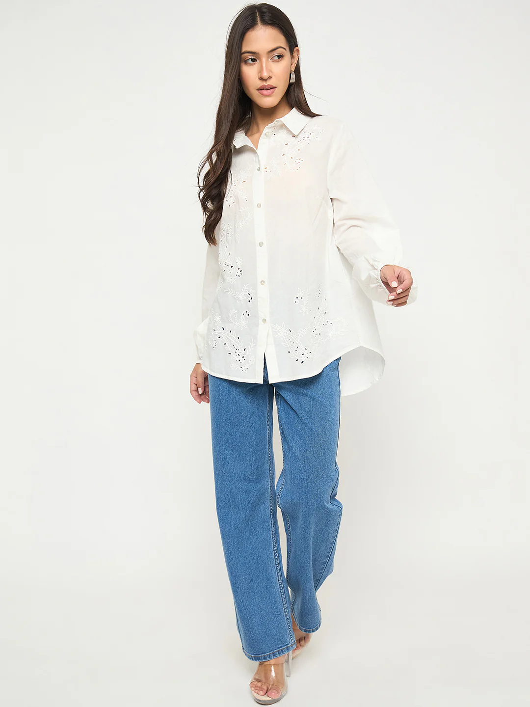 Madame Embroidered and Ruffle Trim Detailed White Cotton Shirt - Image 2