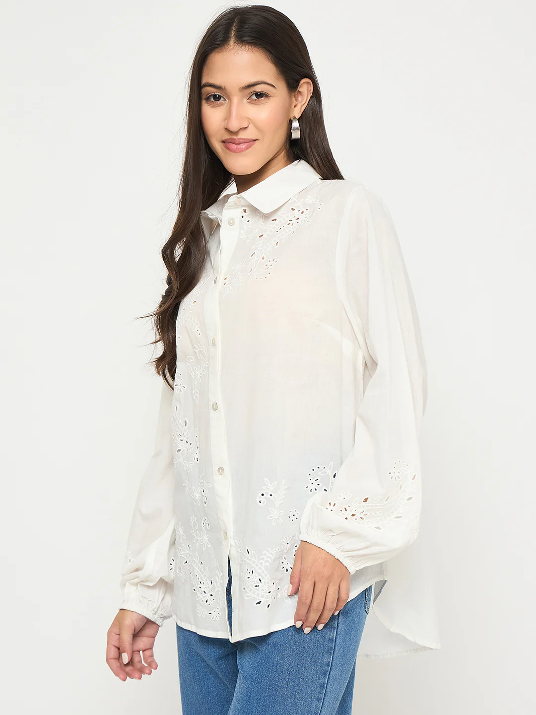Madame Embroidered and Ruffle Trim Detailed White Cotton Shirt - Image 5